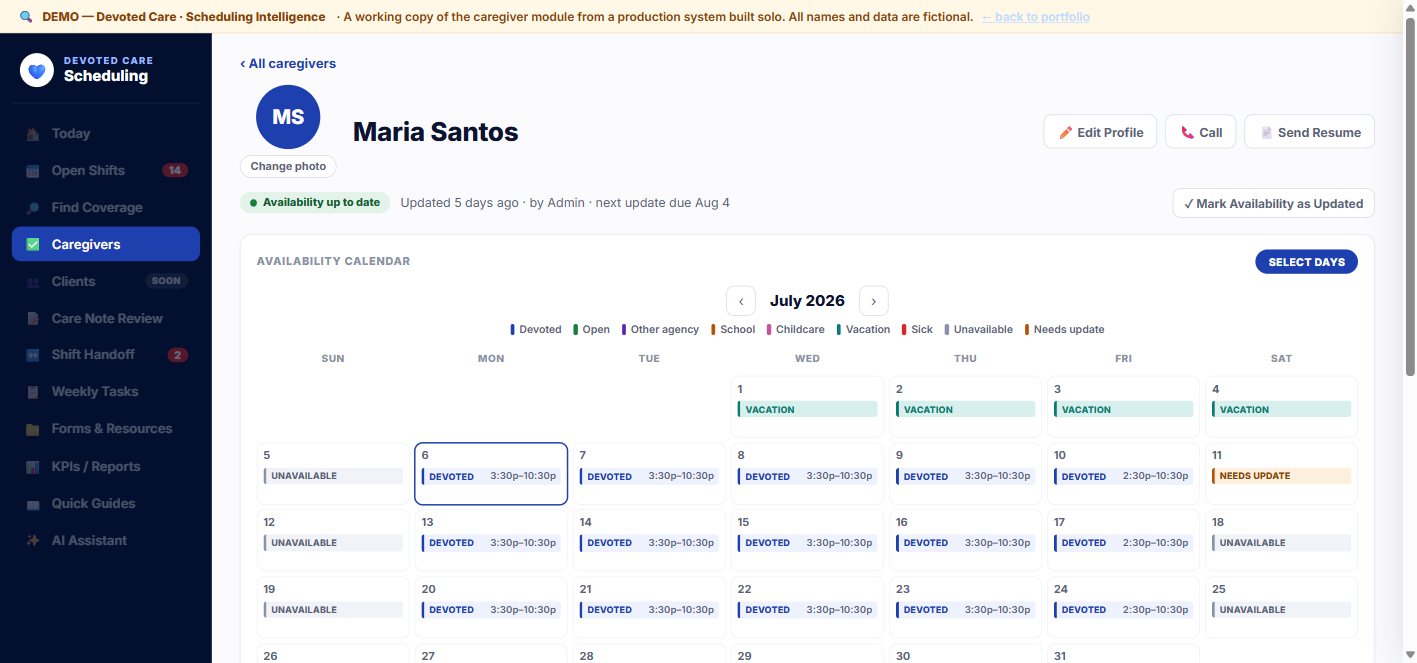 Devoted Care Scheduling Intelligence Platform — interactive demo