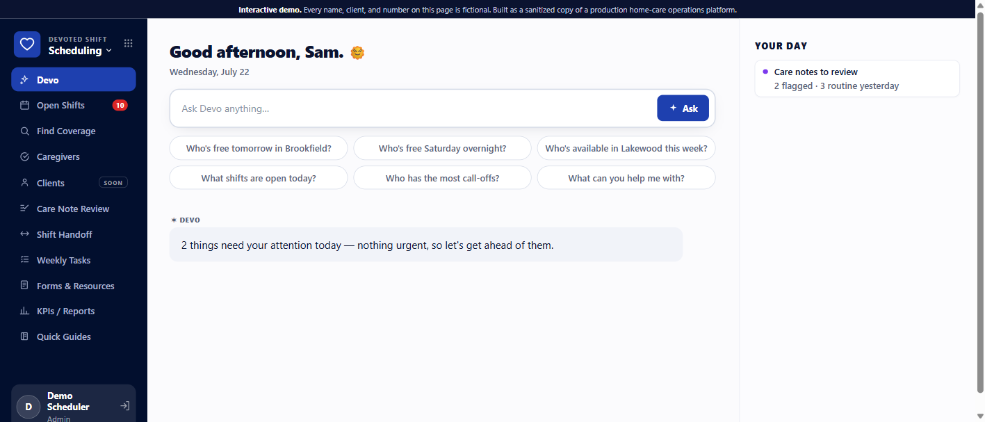 Devoted Care Scheduling Intelligence Platform — interactive demo